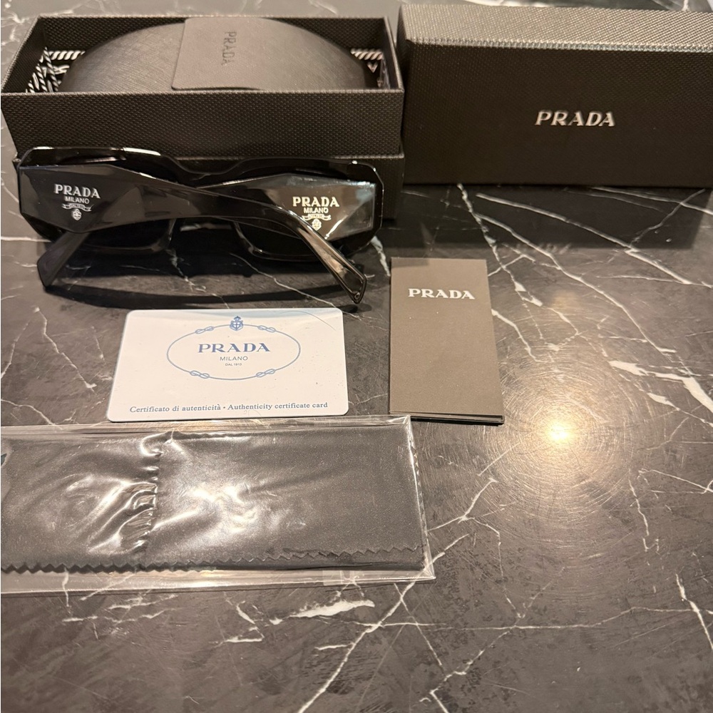 Prada Glossy Black Rectangular Sunglasses with Branded Case - Picture 1 of 3